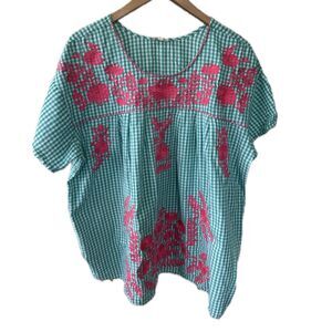 Layerz Collection 100% Cotton Floral Embroidered Gingham Peasant Blouse Top 3X